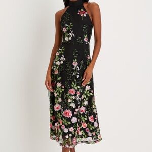 Lulus Blossoming Energy Black Floral Embroidered Halter Midi Dress - Size M